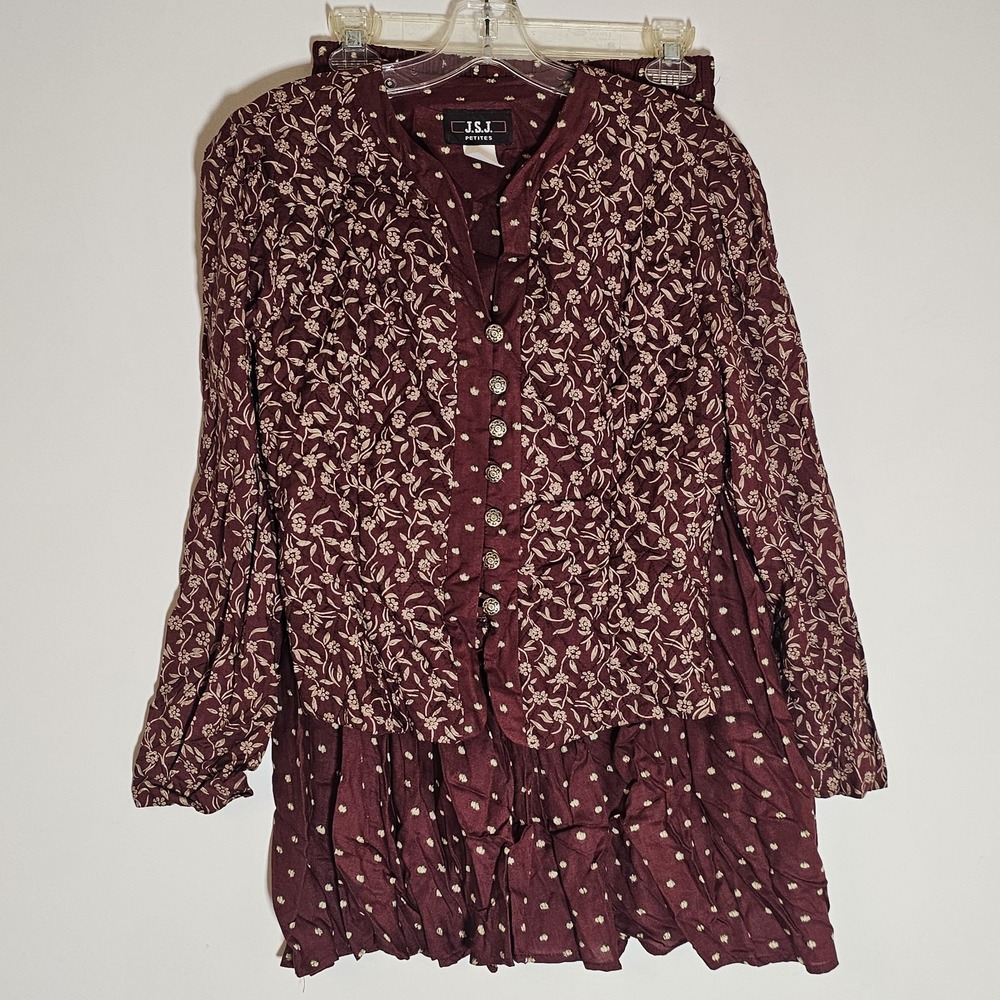 JSJ Petites Skirt Set Womens 8 Burgundy Floral Quilted Flowy Button 90s Vintage